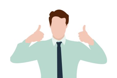 A man in an office shirt with a tie shows his hands thumbs up sign. Isolated on white. Vector illustration