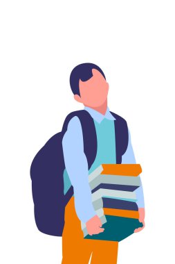 A faceless schoolboy stands with a backpack on his back and holds many textbooks in his hands. Simple vector illustration