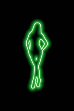 Green neon silhouette of a girl with long hair who stands in a beautiful pose on a black background. Vector illustration