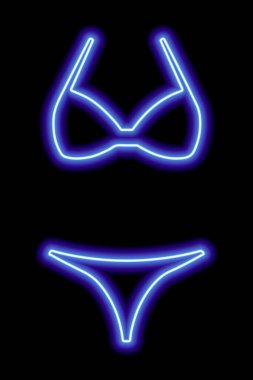 Blue neon silhouette of a women's swimsuit on a black background. Bikini. Vector illustration