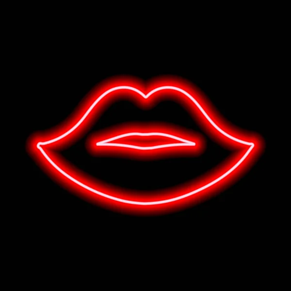 Red Neon Lips Black Background Contour Women Lips Kiss Vector — Archivo Imágenes Vectoriales