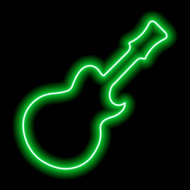 Siyah arka planda basit yeşil neon gitar silueti. Vektör illüstrasyonu