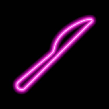 Pink neon outline of a table knife on a black background. Vector illustration