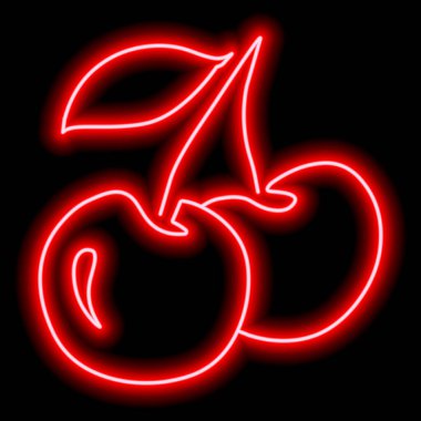 Neon red outline of two cherries with a leaf on a black background. Healthy food, vitamins, juicy berries. Vector illustration