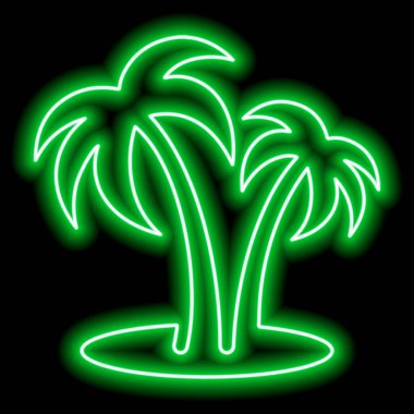 Green neon outline of two palm trees on the beach on a black background. Rest, travel, vacation. Vector icon illustration