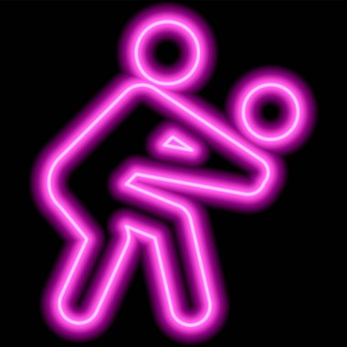 Neon pink silhouette of volleyball player hitting the ball on black background. Vector illustration
