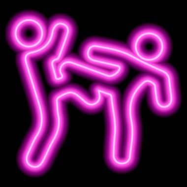 Pink neon outline, two people engaged in freestyle wrestling. Athletes, fight. Vector illustration