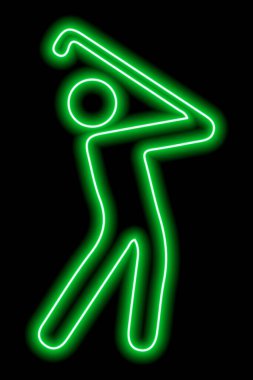 The neon green outline of a man who plays golf and swings a club to hit the ball. On a black background. Vector illustration