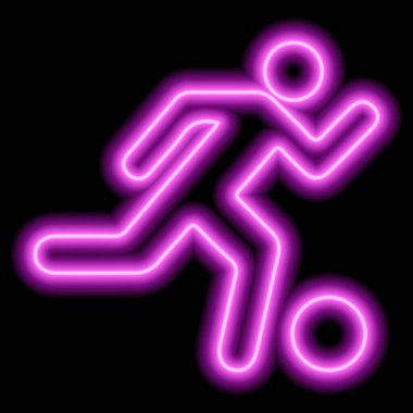 Neon pink outline of a soccer player with ball on black background. Vector illustration