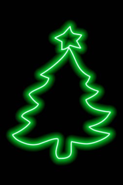Siyah zemin üzerinde bir yıldız olan yeşil neon çizgili bir Noel ağacı. Vektör illüstrasyonu