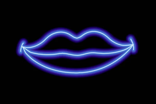 Blue Neon Smiling Lips Black Background Contour Lips Kiss Vector — Stok Vektör