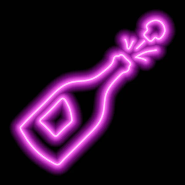 Open Bottle Champagne Flying Cork Neon Pink Outline Black Background — 스톡 벡터