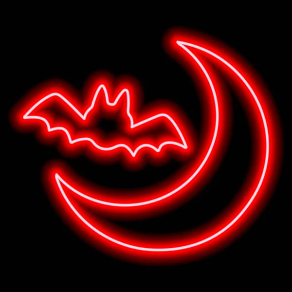 Neon Red Outline Bat Moon Black Background Halloween Vector Illustration — Image vectorielle