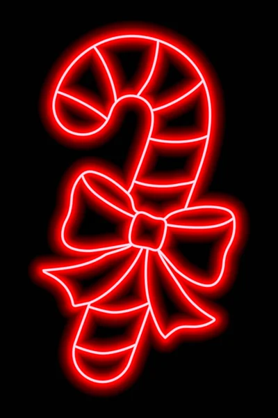Red Neon Outline Christmas Lollipop Bow Black Background Vector Illustration — 스톡 벡터