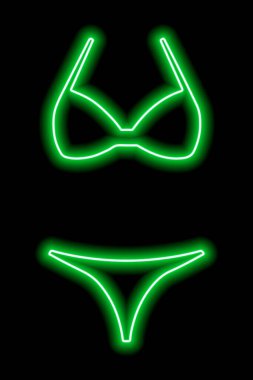 Siyah arka planda yeşil neon bir kadın mayosu silueti. Bikini. Vektör illüstrasyonu