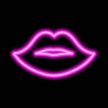 Siyah arka planda pembe neon dudaklar. Kadınların dudaklarının hatları. Öptüm. Vektör illüstrasyonu