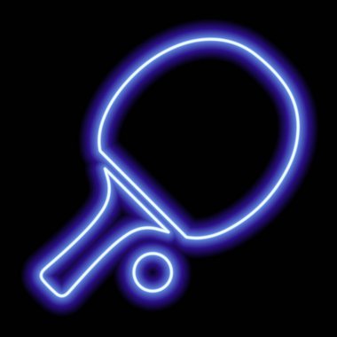 Siyah arka planda masa tenisi raketi ve top. Mavi neon çizgisi. Masa tenisi.