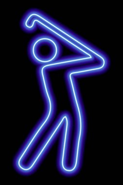 Golf oynayan ve topa vurmak için sopa sallayan bir adamın neon mavisi çizgisi. Siyah bir arka planda. Vektör illüstrasyonu