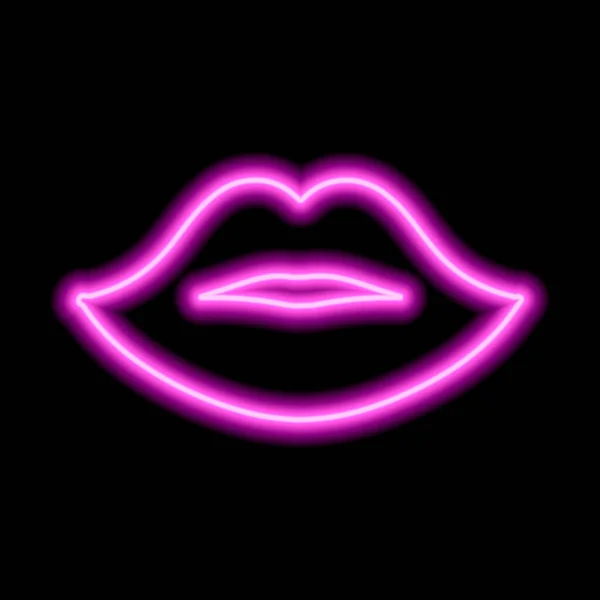 粉红色的霓虹灯唇在黑色的背景上 女人嘴唇的轮廓 亲一下矢量说明 — 图库矢量图片