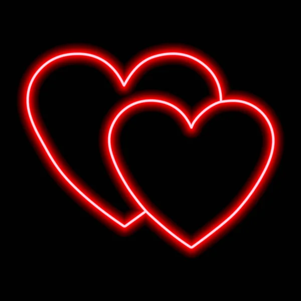 Two Neon Red Hearts Black Background Valentine Day Love Couple — Stock Vector