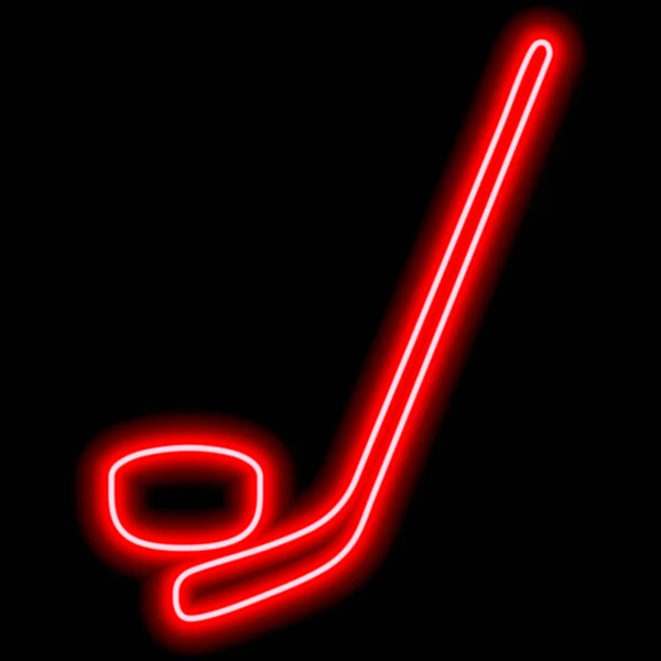 Una Semplice Immagine Bastone Hockey Disco Contorno Neon Rosso — Vettoriale Stock