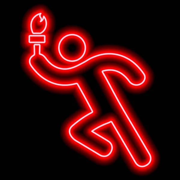 Неоновый Красный Силуэт Бегущего Спортсмена Горящим Факелом Руке Черном Фоне — стоковый вектор