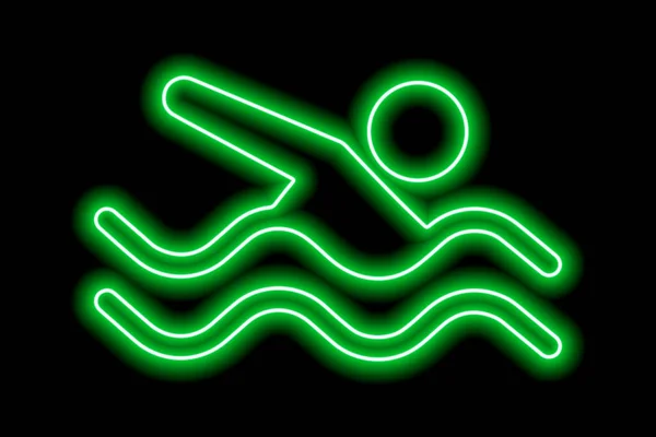 Silhouette Vert Fluo Nageur Freestyle Avec Vagues Sur Fond Noir — Image vectorielle