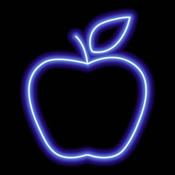 Modrý Neonový Obrys Jablka Listem Černém Pozadí Vektorová Grafika