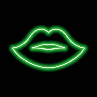 Siyah arka planda yeşil neon dudaklar. Kadınların dudaklarının hatları. Öptüm. Vektör illüstrasyonu