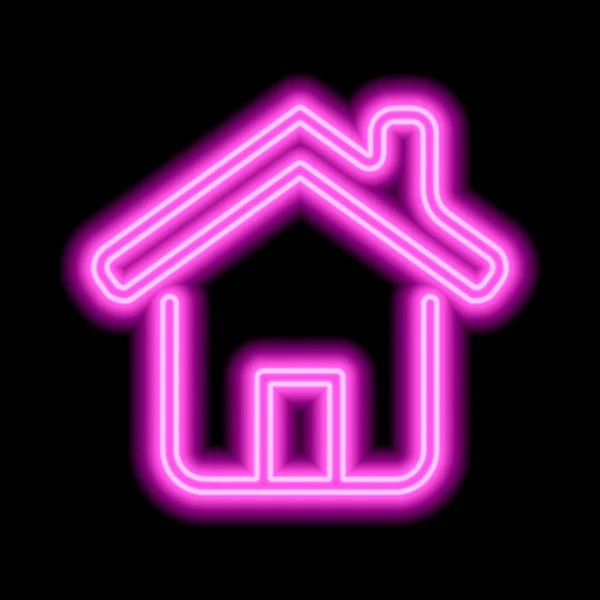 Różowa Neonowa Ikona Domu Drzwiami Dachem Kominem Czarnym Tle Ilustracja — Wektor stockowy
