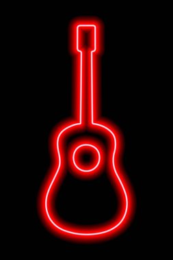 Siyah arkaplanda basit bir kırmızı neon gitar silueti. Vektör illüstrasyonu