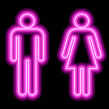 WC tuvaletinin neon pembe sembolü. Siyah arka planda erkek..