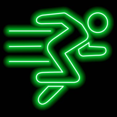 Neon, siyah arka planda koşan bir adamın yeşil siluetini stilize etti. Spor konsepti, sağlıklı yaşam tarzı. Vektör illüstrasyonu