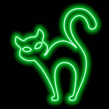 Siyah arka plandaki bir kedinin neon yeşil çizgisi. Cadı kedi, cadılar bayramı. Vektör illüstrasyonu