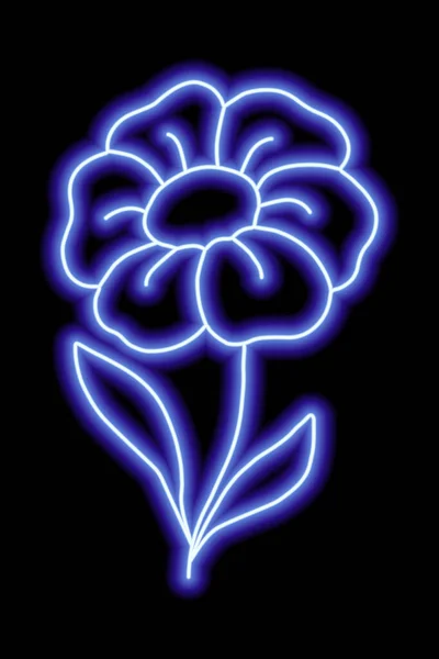 Flor Azul Néon Com Pétalas Folhas Sobre Fundo Preto Ilustração — Vetor de Stock