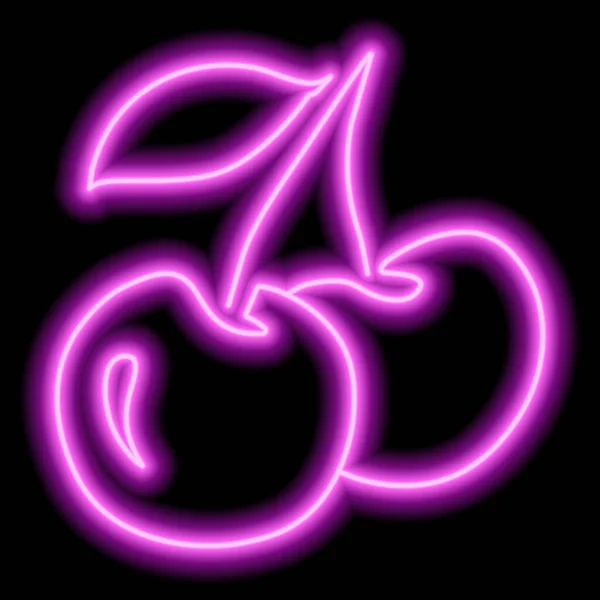Νέο Ροζ Περίγραμμα Δύο Κερασιών Ένα Φύλλο Μαύρο Φόντο Υγιεινή — Διανυσματικό Αρχείο