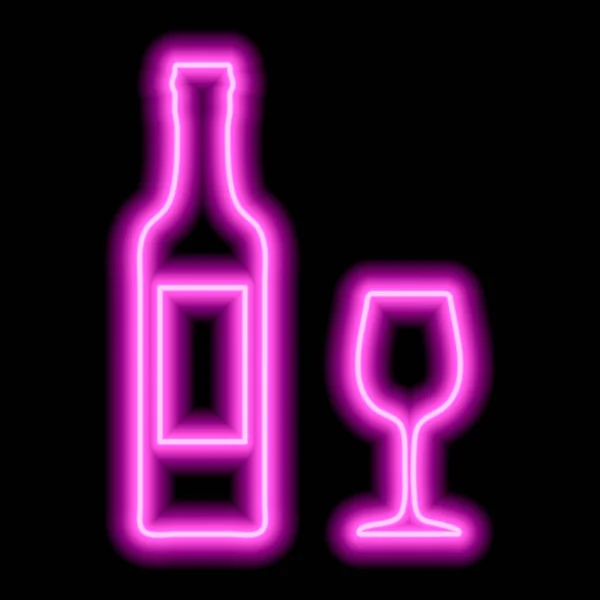 Contorno Rosa Neon Una Bottiglia Vino Con Etichetta Calice Fondo — Vettoriale Stock