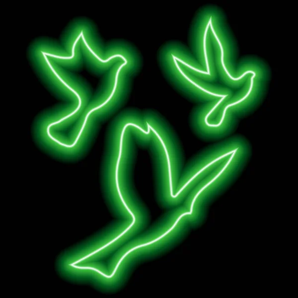 Gröna Neonsiluetter Med Tre Fåglar Som Flyger Himlen Svart Frihet — Stock vektor