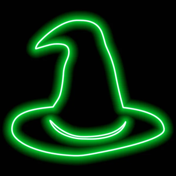 霓虹灯绿色的轮廓介于黑色背景的女巫帽之间 矢量说明 — 图库矢量图片