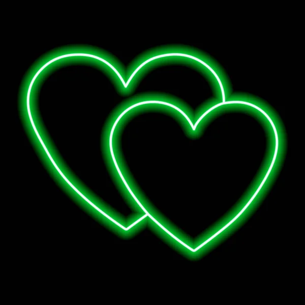 Два Неоновых Зеленых Сердца Черном Фоне День Святого Валентина Любовь — стоковый вектор