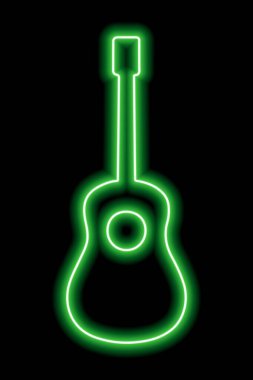 Siyah arka planda basit yeşil neon gitar silueti. Vektör illüstrasyonu