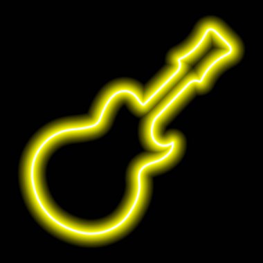 Siyah arka planda basit sarı neon gitar silueti. Vektör illüstrasyonu