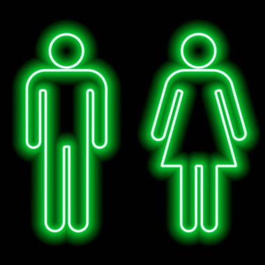 WC tuvaletinin neon yeşil sembolü. Siyah arka planda erkek..