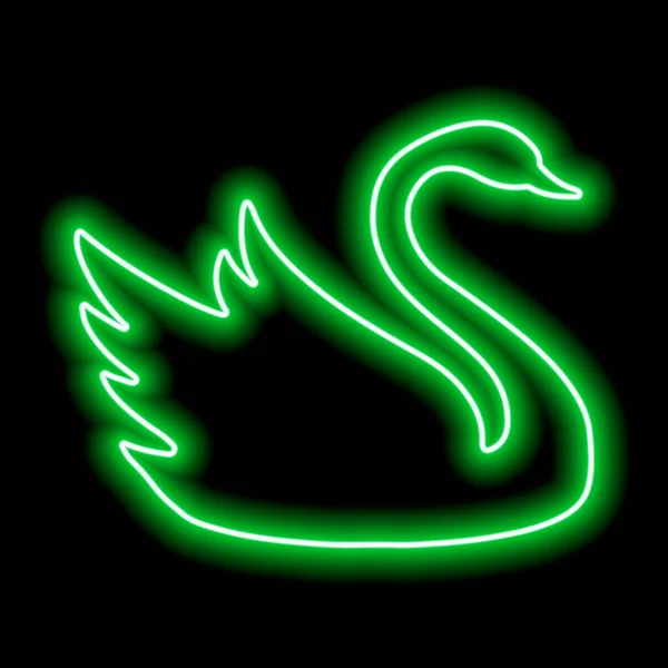 Grön Neonsvan Kontur Svart Bakgrund Flytande Fågel Vektorillustration — Stock vektor