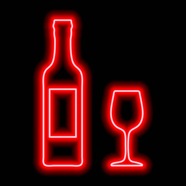 Red Neon Outline Bottle Wine Label Glass Black Background Bar — Stock Vector