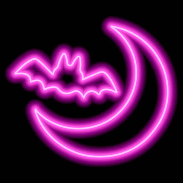 Neon Rózsaszín Körvonalú Denevér Hold Fekete Háttérrel Halloween Van Vektorillusztráció — Stock Vector