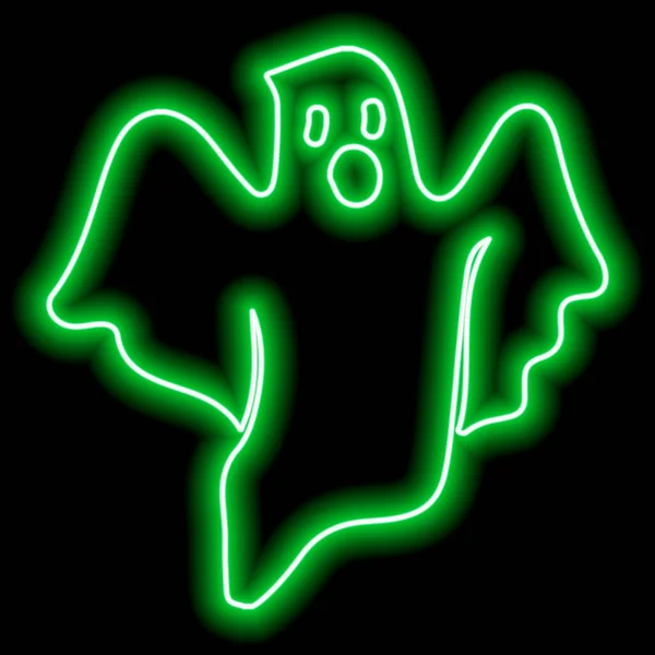 Neon Grön Kontur Flygande Spöke Svart Bakgrund Halloween Symbol Vektor — Stock vektor