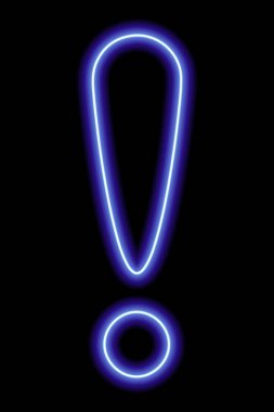 Siyah arkaplandaki mavi neon ünlem işareti. Vektör illüstrasyonu