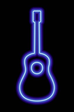Siyah arka planda basit mavi neon gitar silueti. Vektör illüstrasyonu