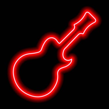 Siyah arkaplanda basit bir kırmızı neon gitar silueti. Vektör illüstrasyonu